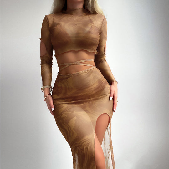 Damen Oberteil und Rock-Set mit transparentem Design und modernen Cut-Outs EB