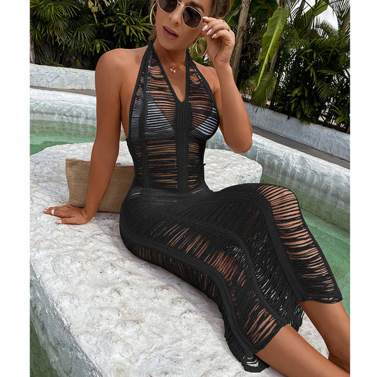 Damen Häkel-Strandkleid mit fransigen Elementen und hoher Taille EB