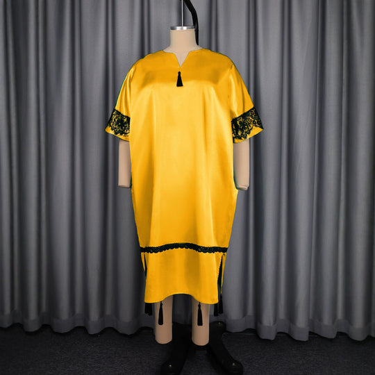 Damen elegantes Kaftankleid mit raffinierten Spitzenärmel und dekorativen Quasten EB