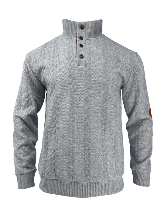 Herren nan lässiger Zopfstrickpullover mit verstärkter Knopfleiste und Wildleder-Ellenbogenpatches EB