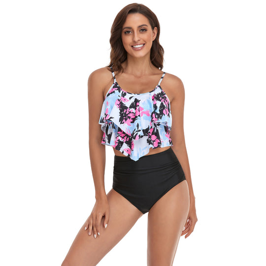 Damen Tankini-Set mit fließendem Rüschendesign und figurbetonter Bikinihose EB