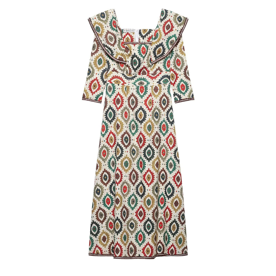 Damen Midi-Kleid mit elegantem Mustermix und voluminösem Kragen EB