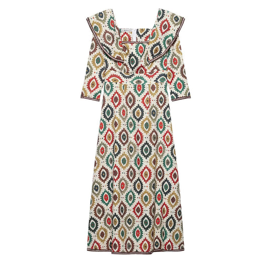 Damen Midi-Kleid mit elegantem Mustermix und voluminösem Kragen EB