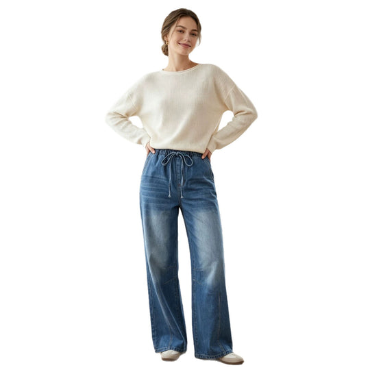 Damen nan Relaxed-Fit Denim-Hose mit elastischem Tunnelzugbund, dezentem Used-Effekt und weitem Bein EB