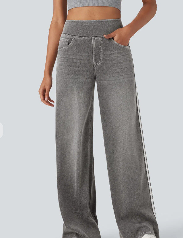 Damen weite Denim-Hose mit seitlichem Streifen und hohem Bund EB