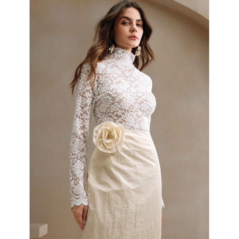 Damen Spitzenoberteil mit hohem Kragen und filigranem Blumendesign EB