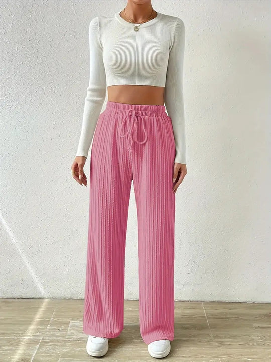 Damen Palazzo-Hose mit vertikalem Kordeldesign und elastischem Bund EB