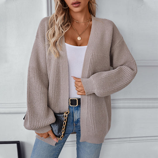 Damen lockere Strickjacke mit V-Ausschnitt und Strukturmuster EB