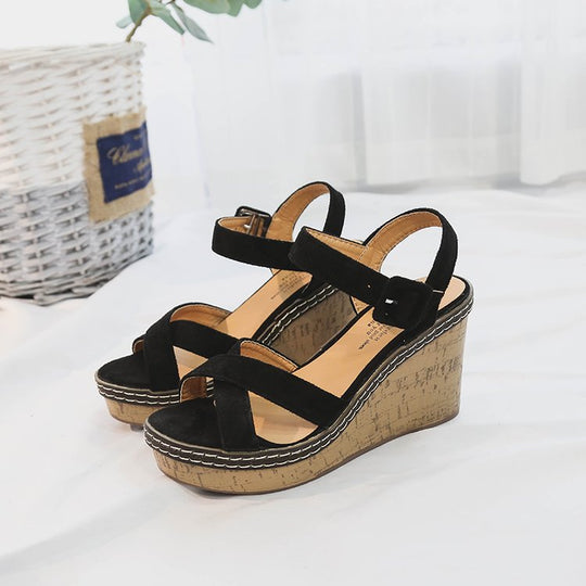 Damen Wedge-Sandalen mit komfortablem Korkabsatz und dekorativem Kreuzriemendesign EB