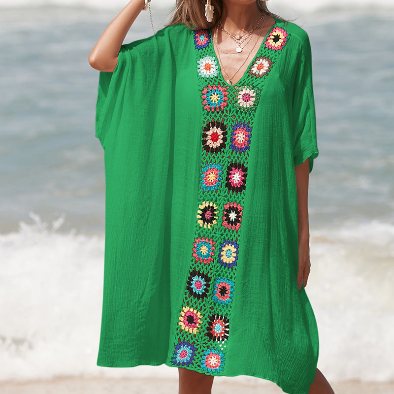 Damen Häkel-Strandtunika im lässigen Oversize-Stil mit bunten Applikationen EB