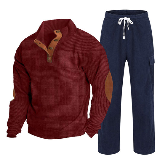 Herren nan strukturiertes Cord-Henley-Loungewear-Set mit Ellenbogenpatches und Cargo-Jogpant EB