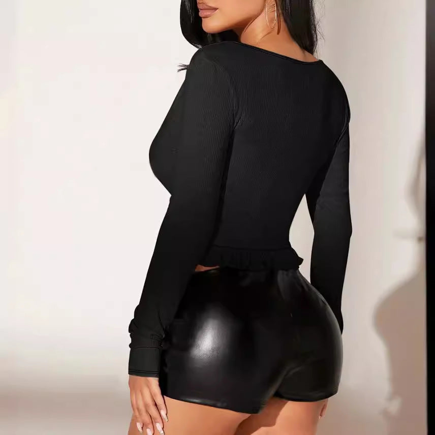 Damen kurzärmeliges Crop-Top mit verspieltem Kordelzug und Rüschendetails EB