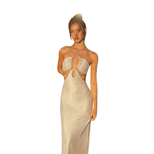 Damen langes Abendkleid mit tiefem V-Ausschnitt und schimmernden Details EB