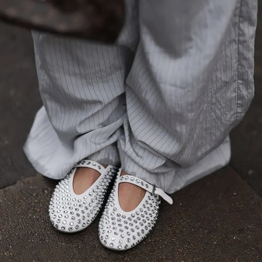 Damen Ballerinas mit elegantem Strassbesatz und Riemchen EB