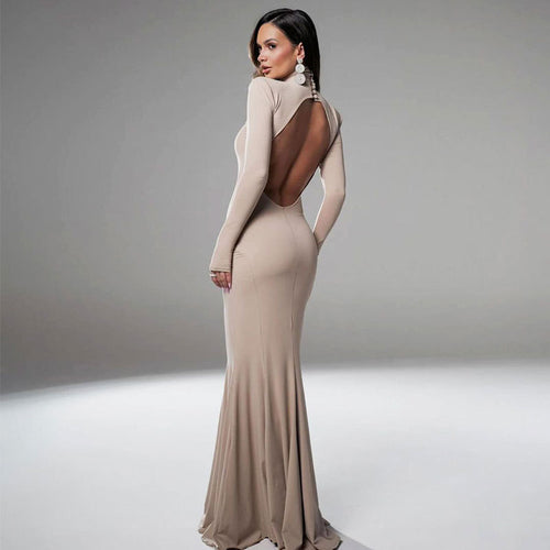 Damen figurbetontes Maxikleid mit hohem Kragen und langen Ärmeln EB