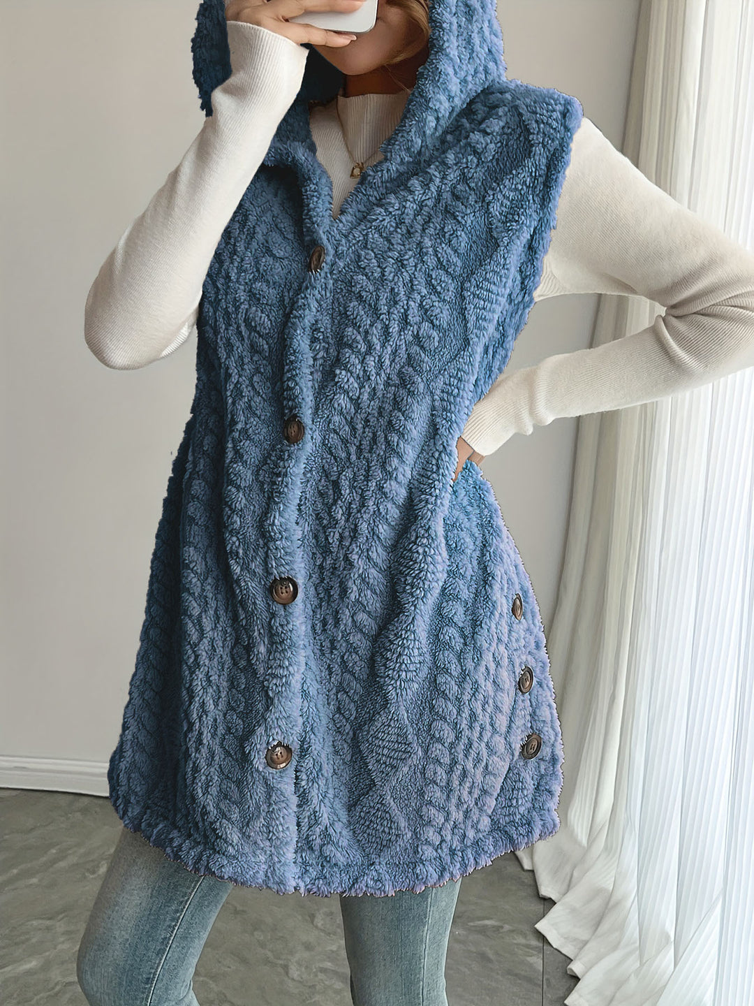 Damen Kuschelige Fleece-Weste mit Kapuze und Knopfverschluss EB