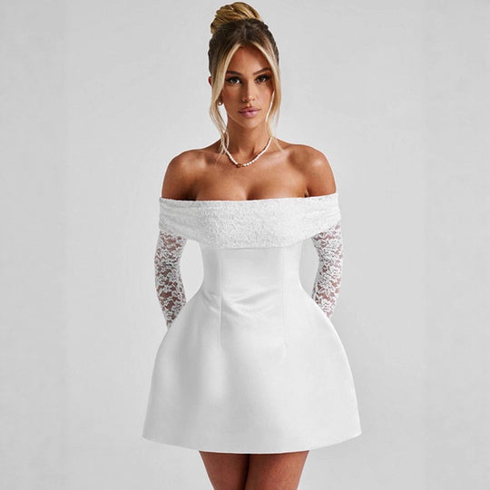 Damen Elegantes Off-Shoulder Minikleid mit Spitzenärmeln und tailliertem Schnitt EB
