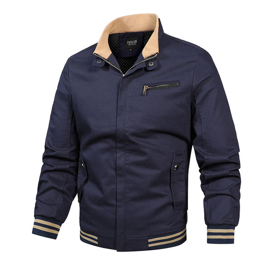 Herren nan moderne Canvas-Bomberjacke im Varsity-Stil mit gestreiften Rippbündchen und verdeckter Frontleiste EB