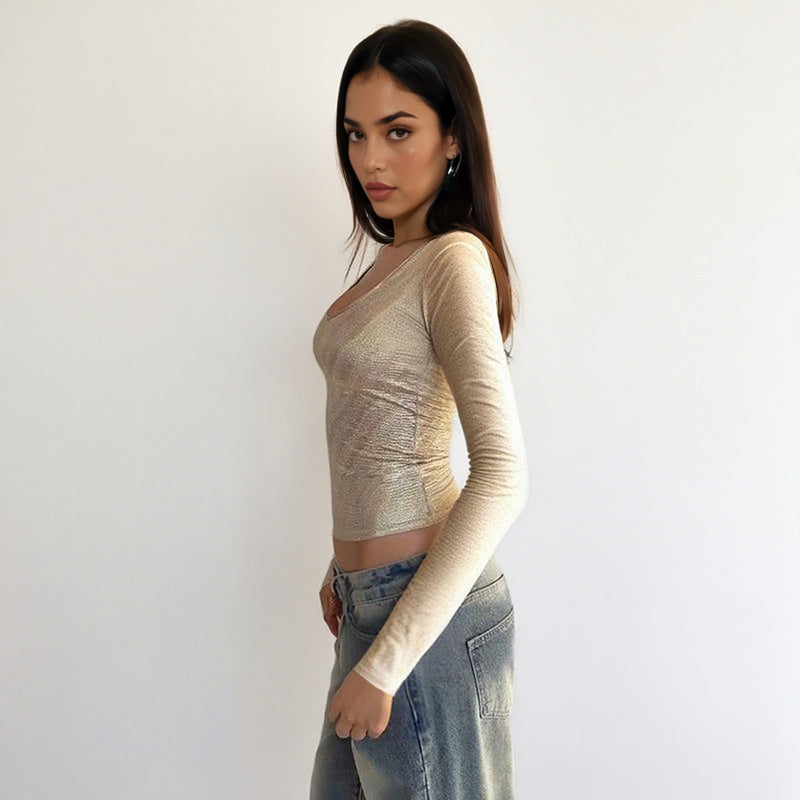 Damen schimmerndes Langarmshirt mit elegantem Rundhalsausschnitt und figurbetontem Schnitt EB