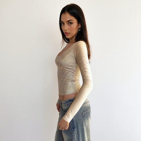 Damen schimmerndes Langarmshirt mit elegantem Rundhalsausschnitt und figurbetontem Schnitt EB