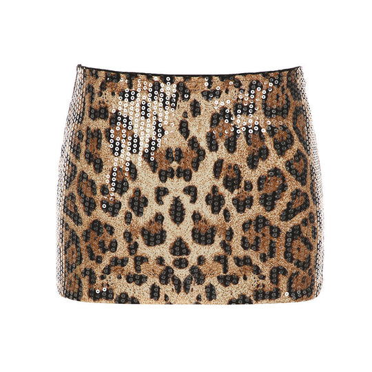 Damen glamouröser Minirock mit Pailletten und modernem Leopardenmuster EB