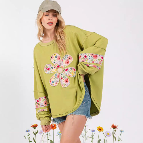 Damen lässiger Oversize-Pullover mit floralem Applikationsdesign EB