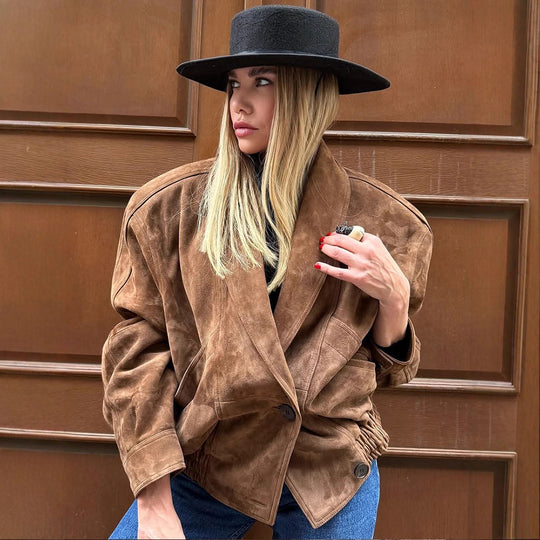 Damen Oversize Wildlederjacke mit modernem Schnitt und praktischen Taschen EB