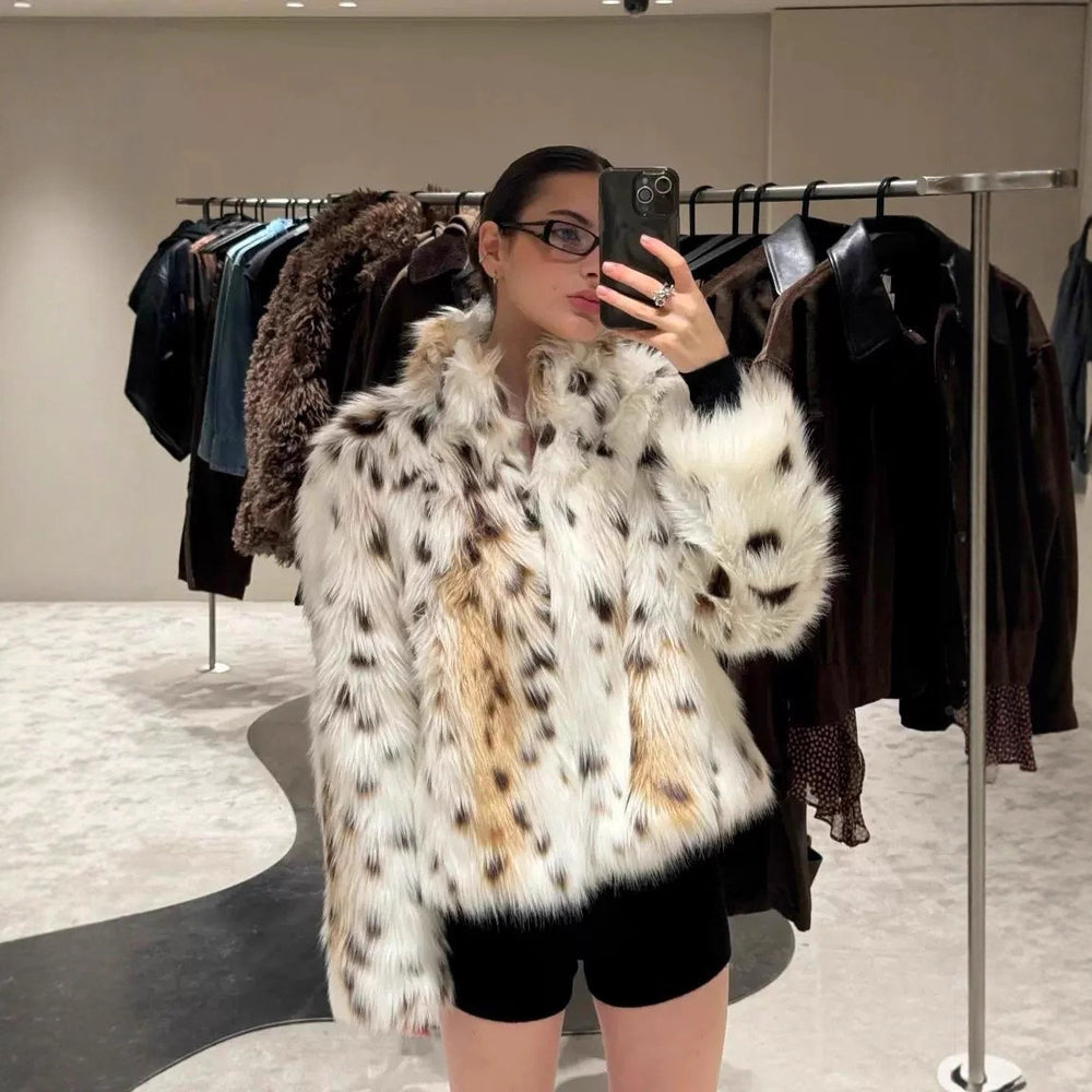 Damen Flauschige Leopardenmuster Kunstpelzjacke EB