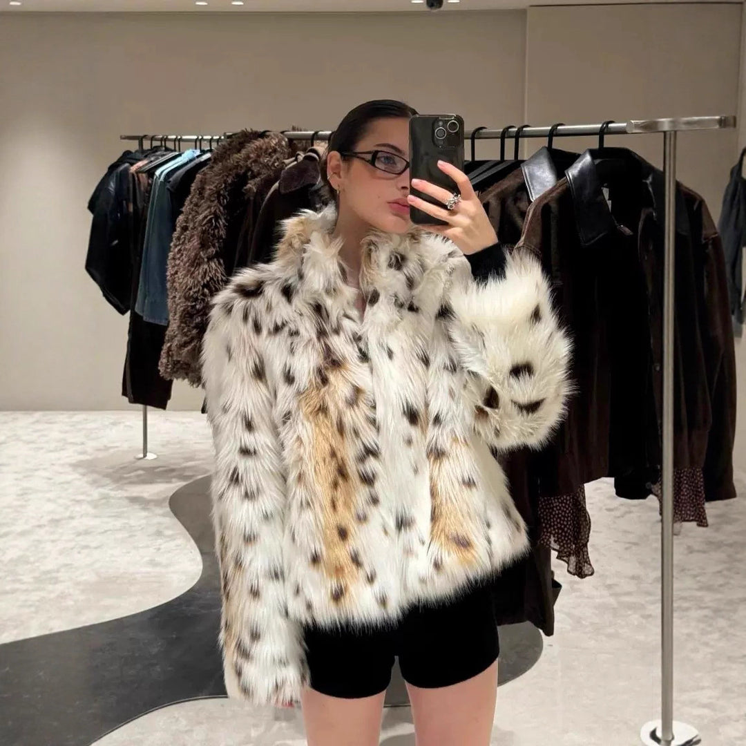 Damen Flauschige Leopardenmuster Kunstpelzjacke EB