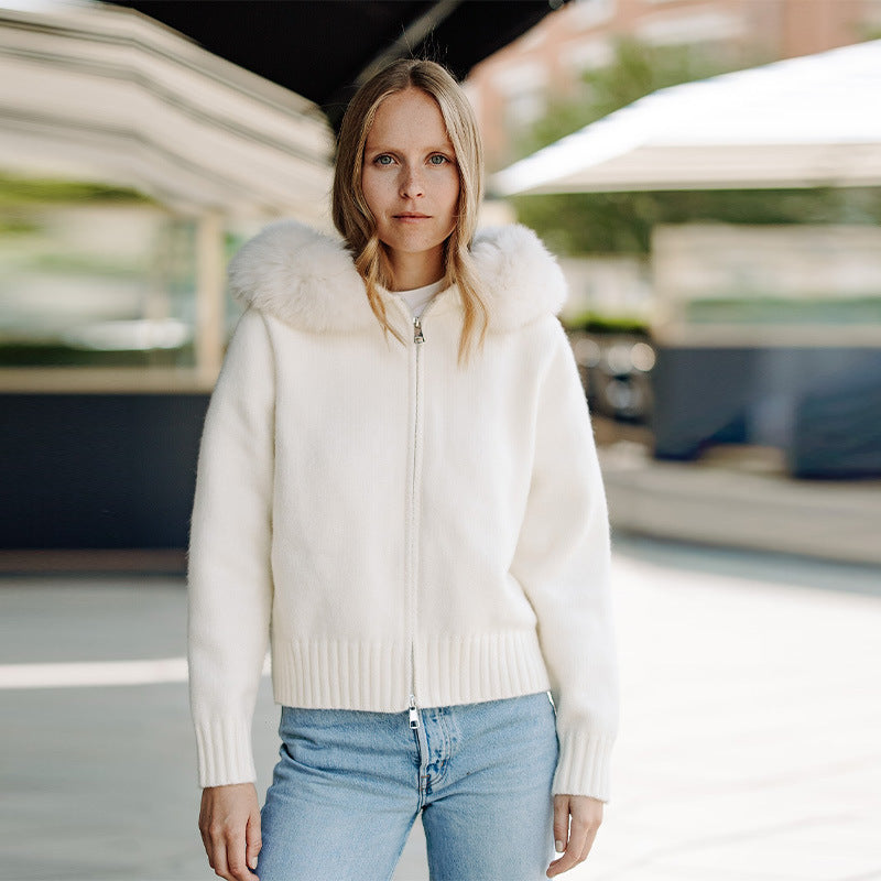 Damen Kuschelige Strickjacke mit Fellkragen EB