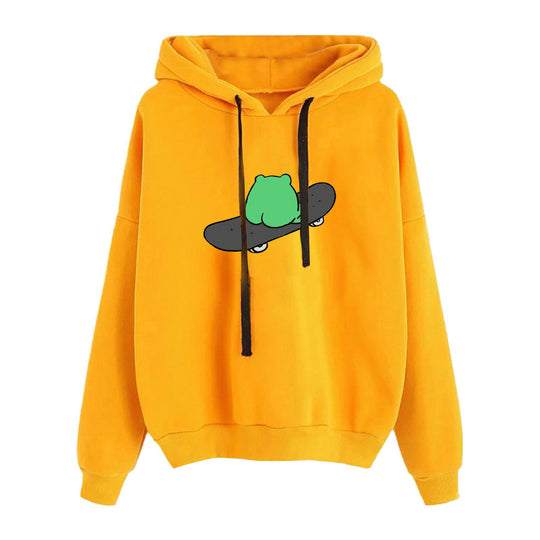 Damen nan kurz geschnittener Cropped-Kapuzenpullover mit niedlicher Frosch-Illustration und verstellbarer Kapuze EB