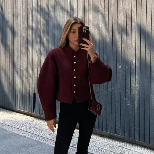Damen Modisches Oberteil mit strukturiertem Stoff und eleganten Knopfdetails EB