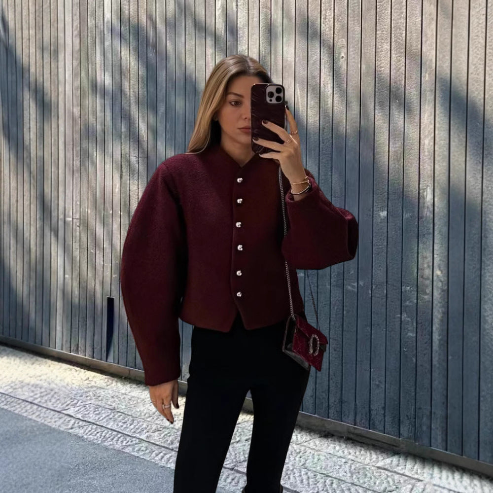 Damen elegante Kurzjacke mit stilvollen Knöpfen und voluminösen Ärmeln EB