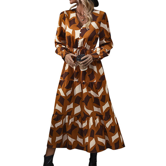 Damen Maxikleid mit knöpfen und elastischem Taillenzug EB