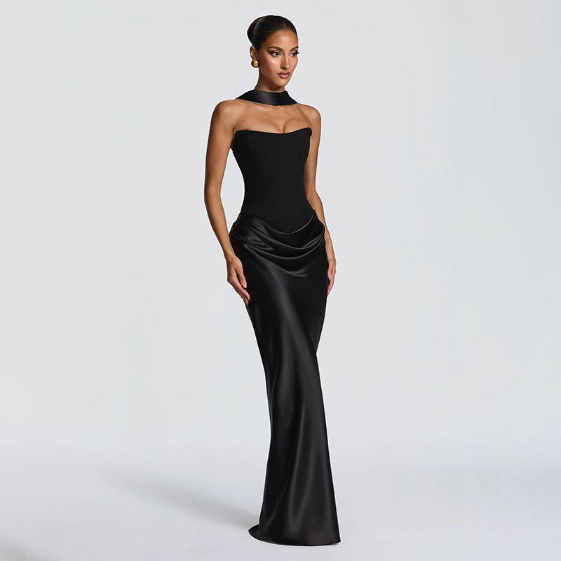 Damen Elegantes Abendkleid mit hohen Kragen und fließendem Schnitt EB