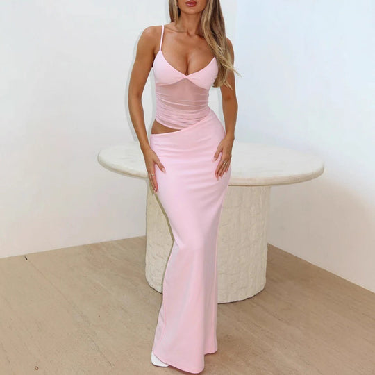 Damen Elegantes Langarm-Maxikleid mit transparentem Detail und figurbetontem Schnitt EB