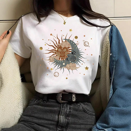 Damen T-Shirt mit kreativem Grafikdruck und luxuriösen Paillettenakzenten EB