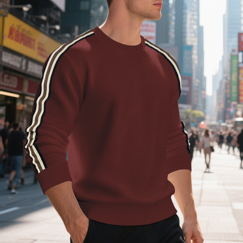 Herren Waffelstrick-Pullover mit kontrastierenden Ärmelstreifen und Rundhalsausschnitt EB