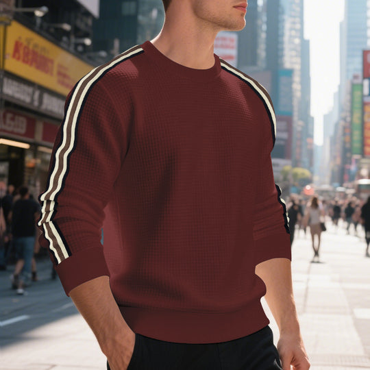 Herren Waffelstrick-Pullover mit kontrastierenden Ärmelstreifen und Rundhalsausschnitt EB
