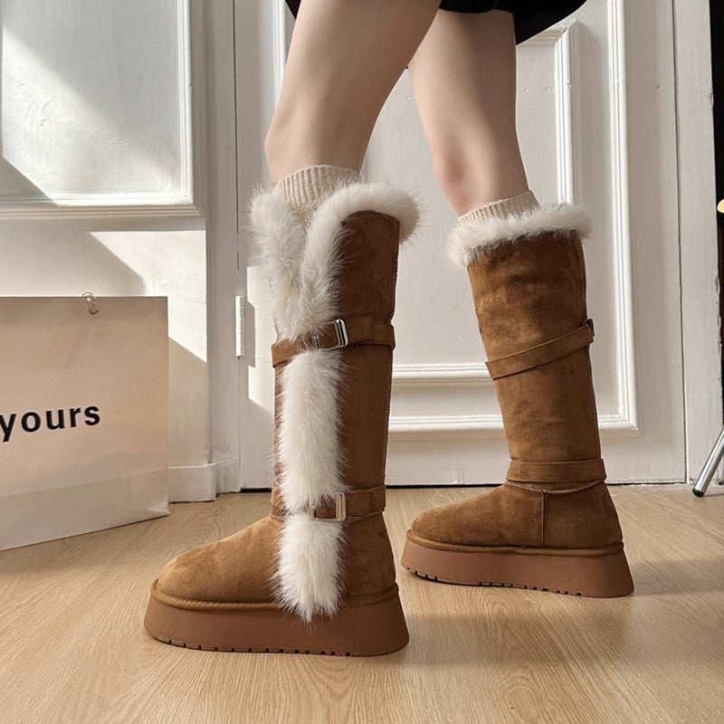 Damen kuschelige Winterstiefel mit weichem Kunstfellrand und modischen Schnallen EB