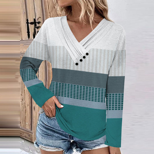 Damen Gerippter V-Ausschnitt Pullover mit Farbverlauf, Zierknöpfen und legerer Passform EB