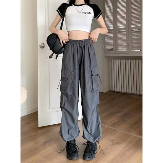 Damen nan Cargo-Hose mit hoher Taille, Elastikbund, großen Klappentaschen und Kordelzug EB