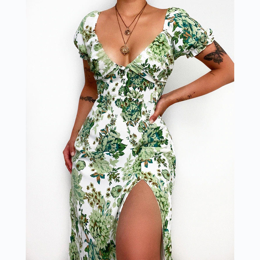 Damen Blütenmuster Maxikleid mit tiefem Ausschnitt und tailliertem Schnitt EB
