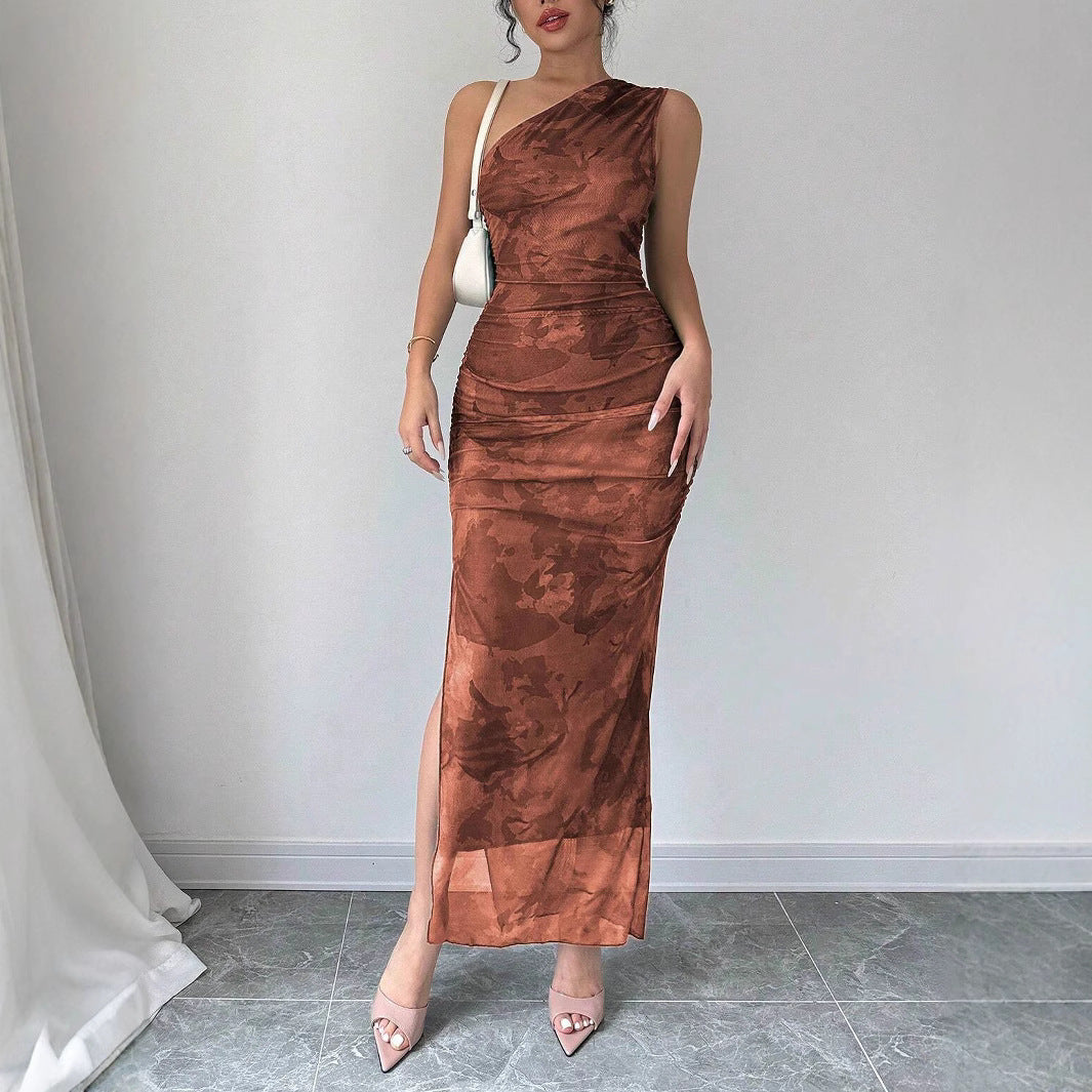 Damen Elegantes One-Shoulder Maxikleid mit sanften Raffungseffekten EB