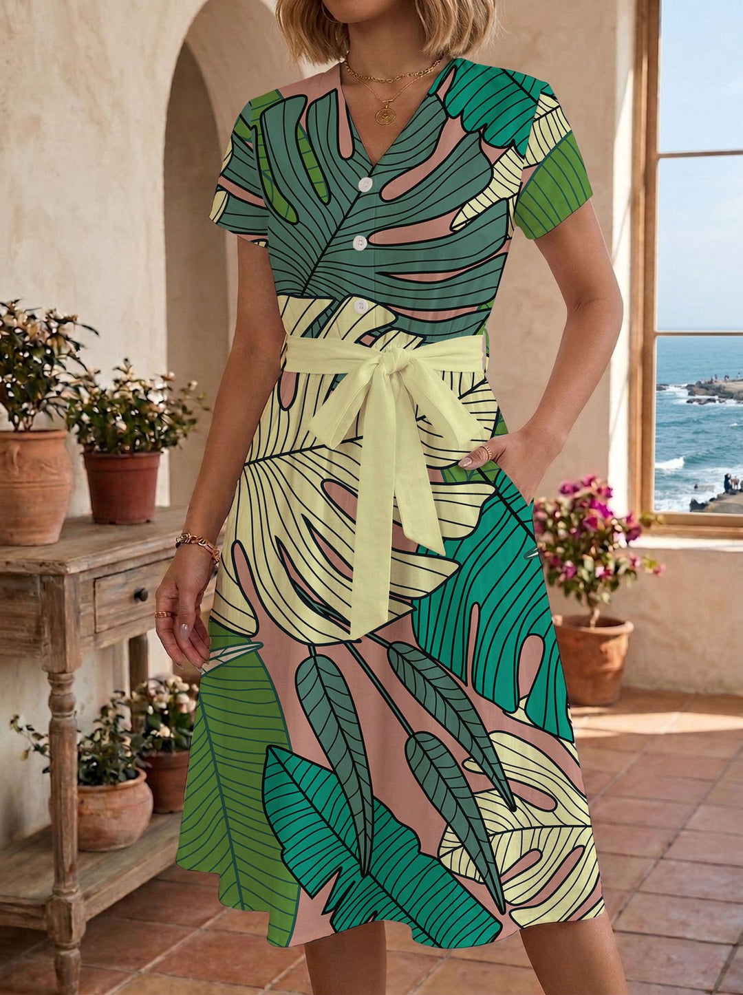 Damen lässiges Maxikleid mit taillierbarem Knoten und dekorativem Karomuster EB