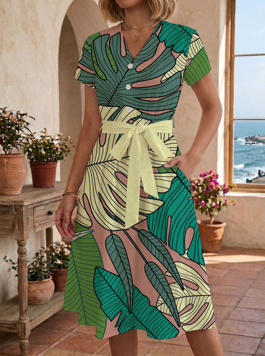 Damen lässiges Maxikleid mit taillierbarem Knoten und dekorativem Karomuster EB