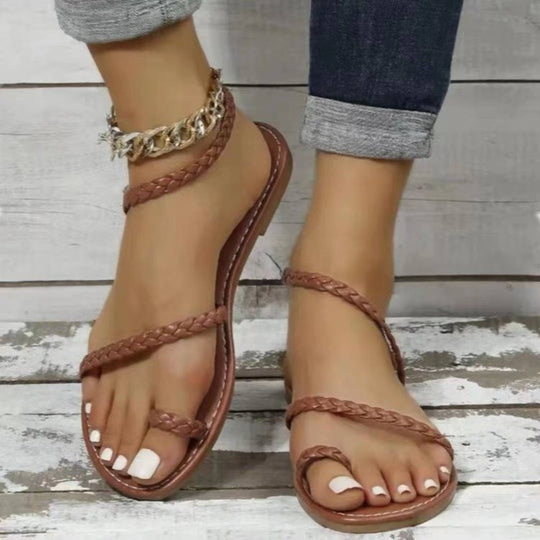 Damen flache Riemchensandalen mit geflochtenem Design und komfortablem Fußbett EB