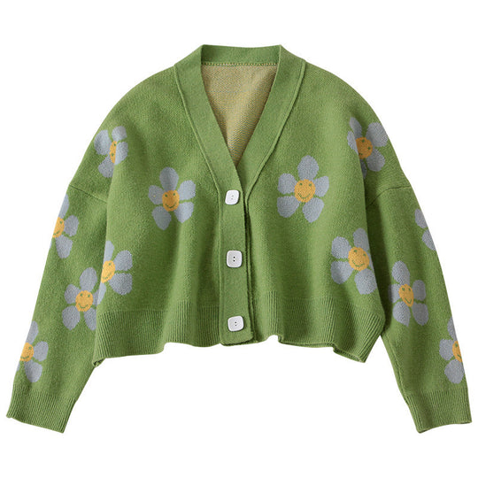 Damen Kürzer Strickcardigan mit floralen Motiven und Knopfdetails EB