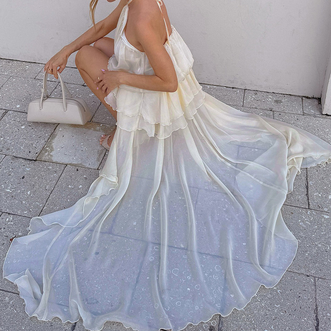 Damen leichtes Wickelkleid mit Volant und asymmetrischem Saum EB