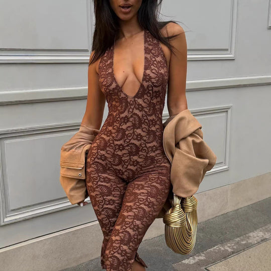 Damen Eleganter Spitzen-Jumpsuit mit tiefem V-Ausschnitt und figurbetonter Silhouette EB